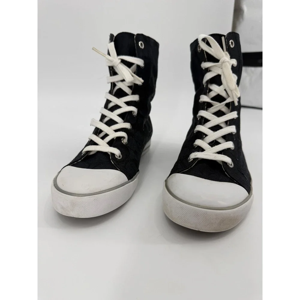 Coach Womens Black Signature Jacquard High Top Sneakers Silver Trim Size 9